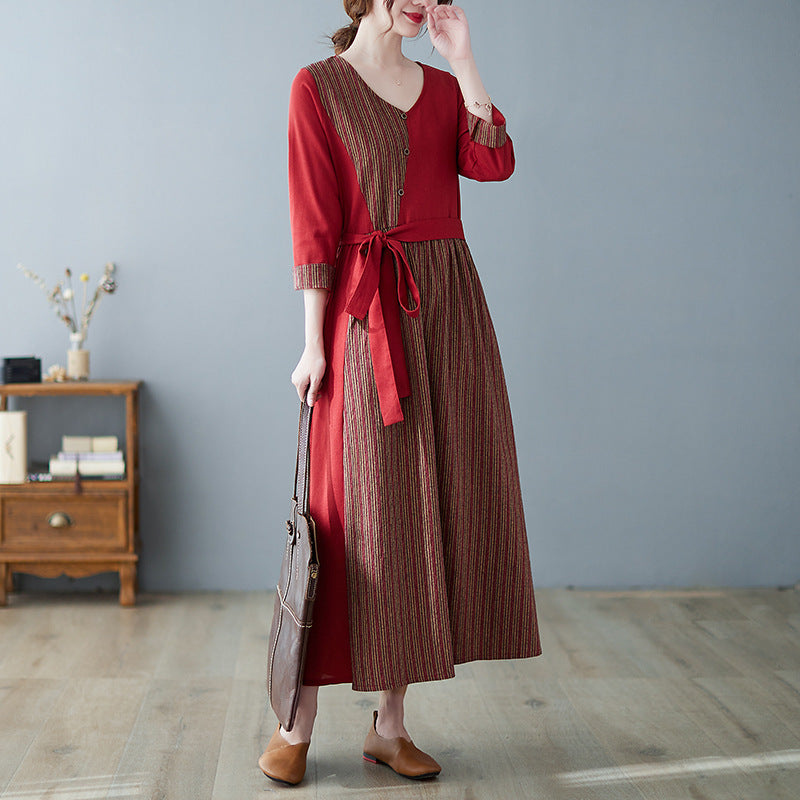 Long Sleeve V-neck Stitching Cotton And Linen Plus Size Slimming Dress Women