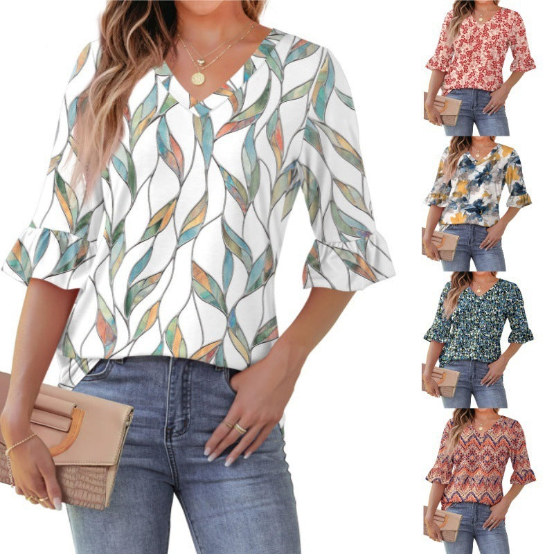 Printed Shirt V-neck Floral Flared Half Sleeve Top