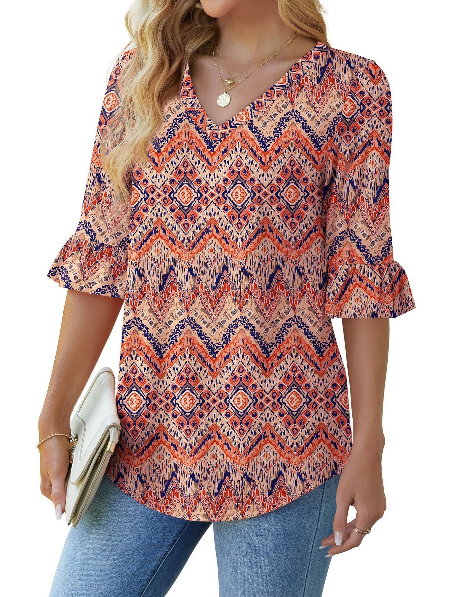 Printed Shirt V-neck Floral Flared Half Sleeve Top