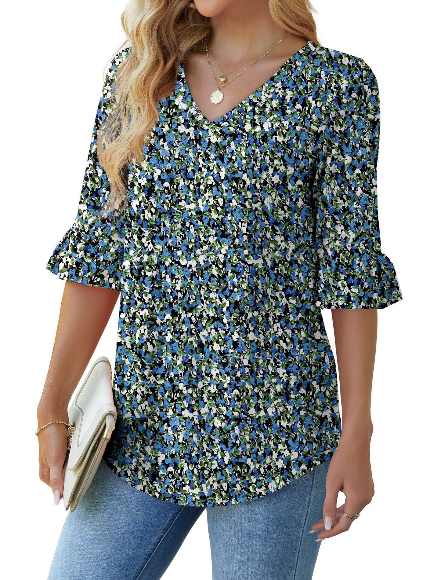 Printed Shirt V-neck Floral Flared Half Sleeve Top
