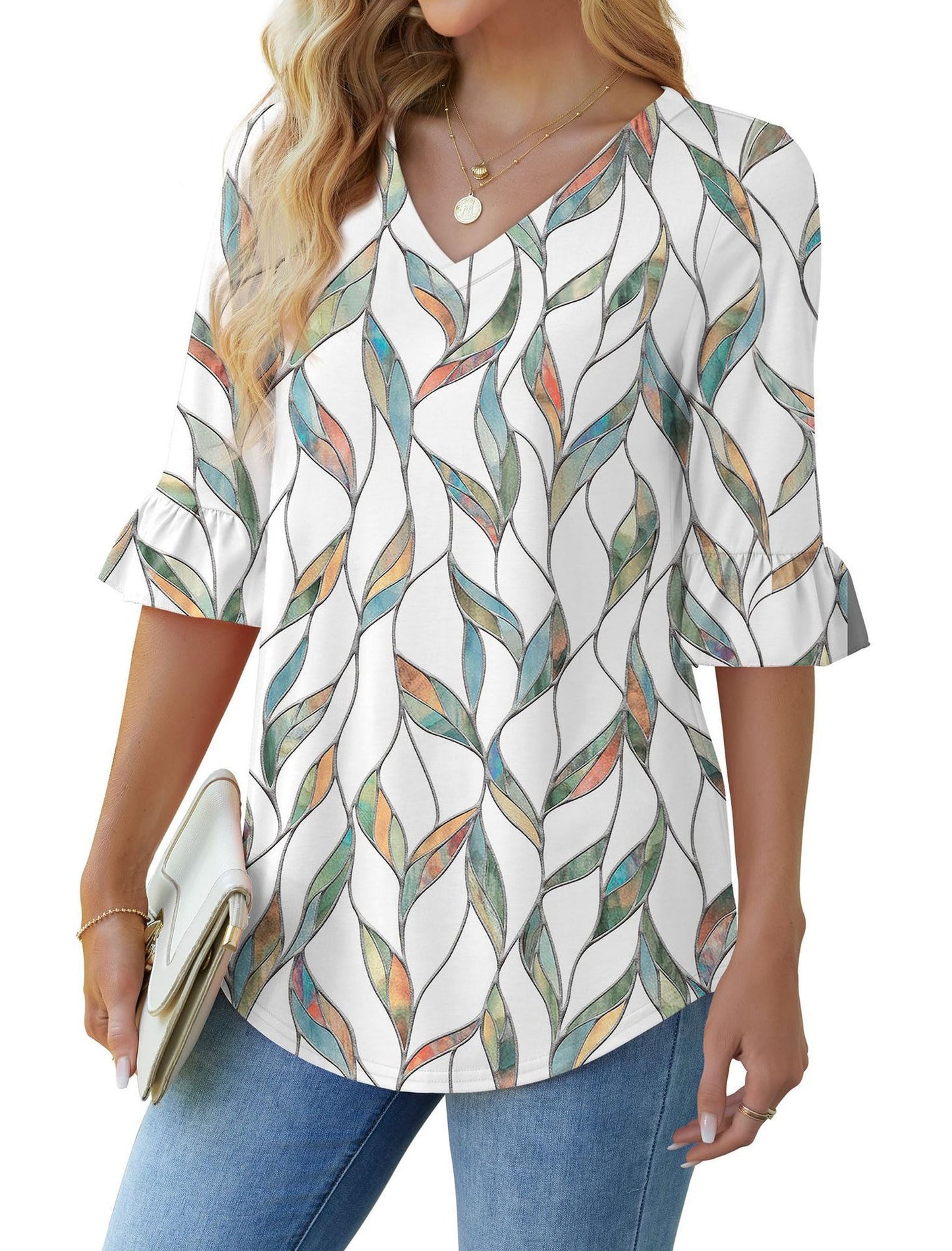 Printed Shirt V-neck Floral Flared Half Sleeve Top