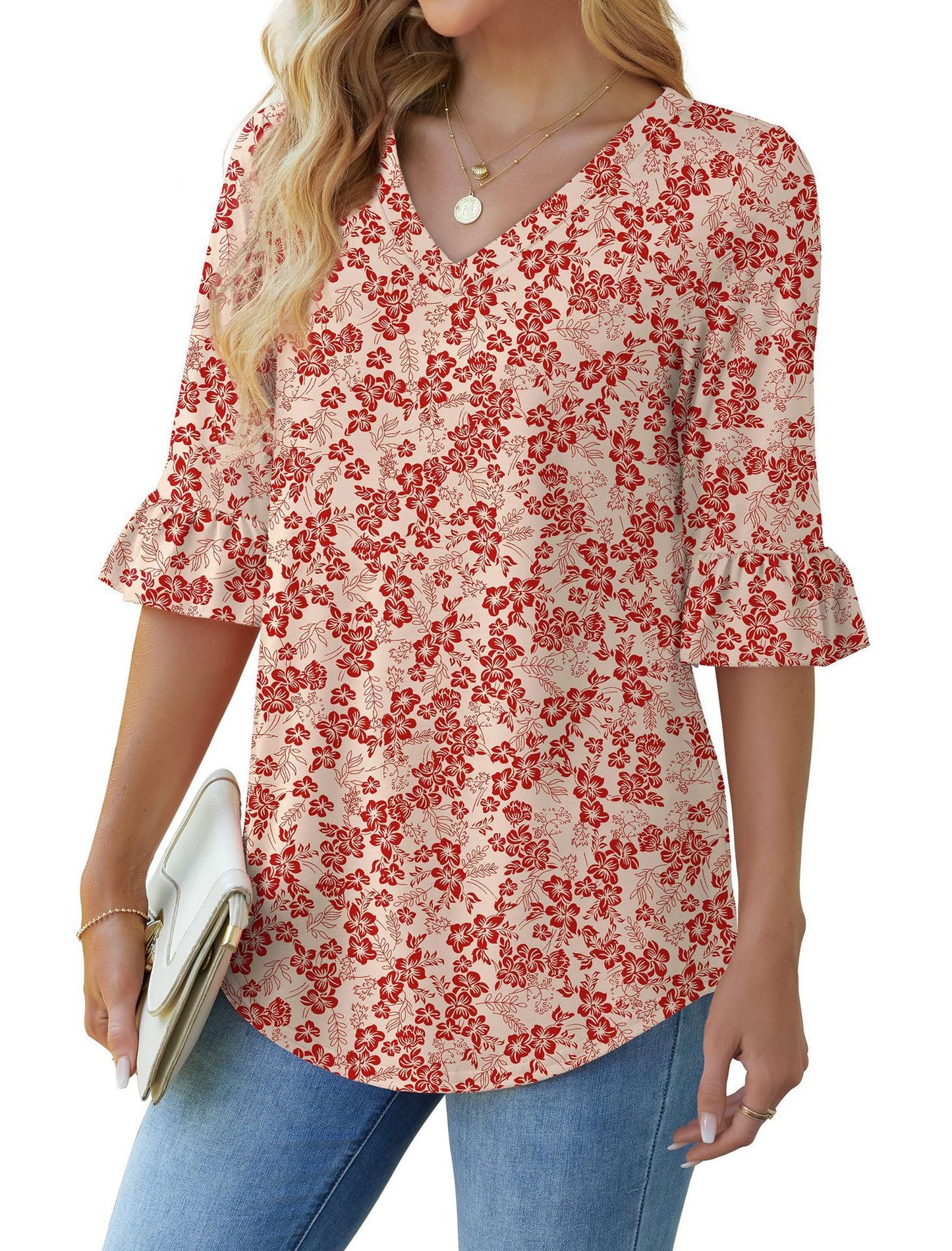 Printed Shirt V-neck Floral Flared Half Sleeve Top