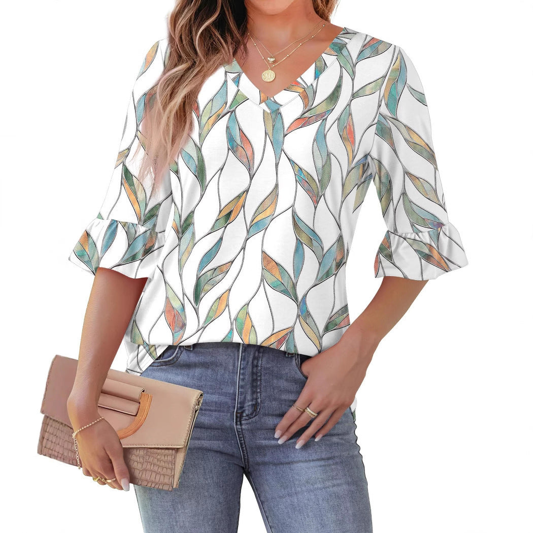 Printed Shirt V-neck Floral Flared Half Sleeve Top