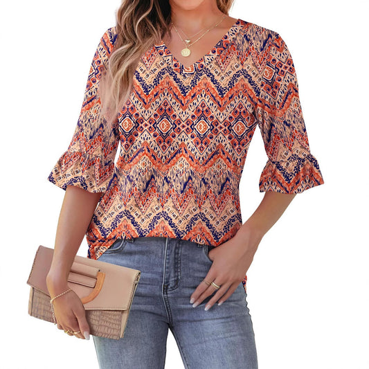 Printed Shirt V-neck Floral Flared Half Sleeve Top