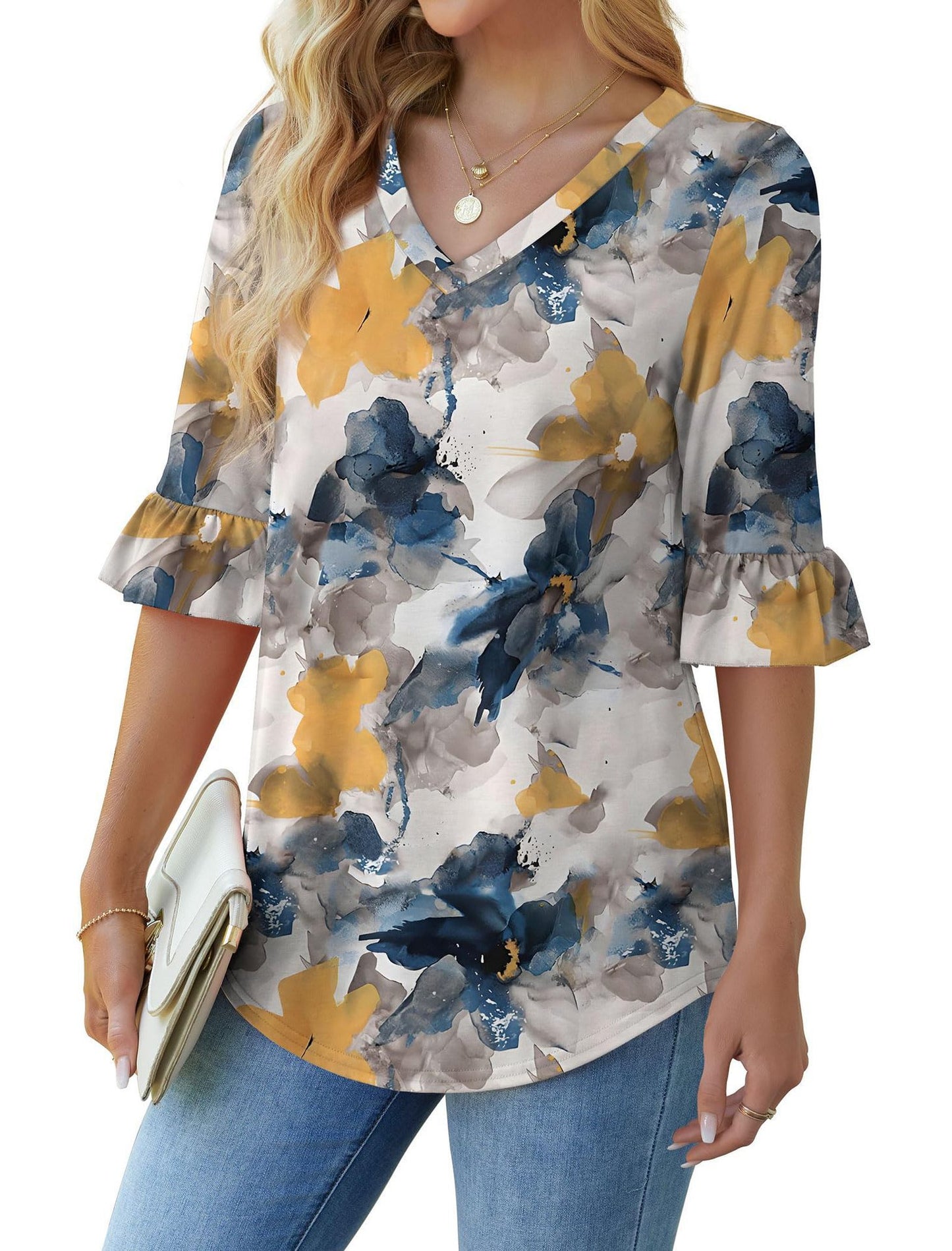 Printed Shirt V-neck Floral Flared Half Sleeve Top