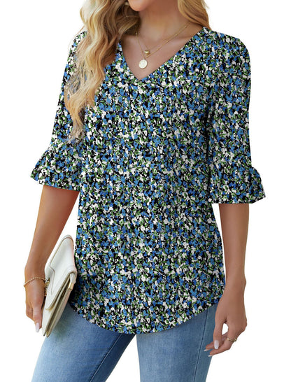 Printed Shirt V-neck Floral Flared Half Sleeve Top