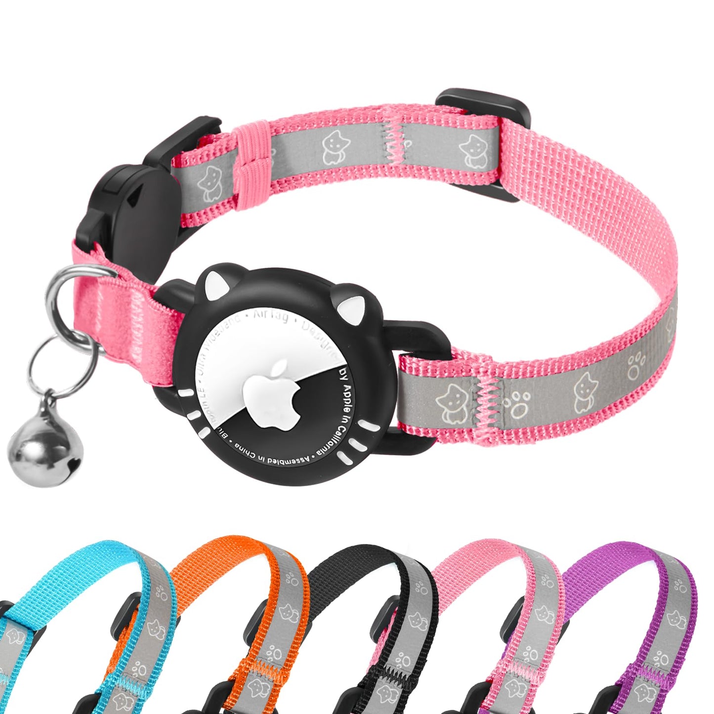 NightSafe Reflective Pet  GPS Collar with AirTag Holder, Pink S