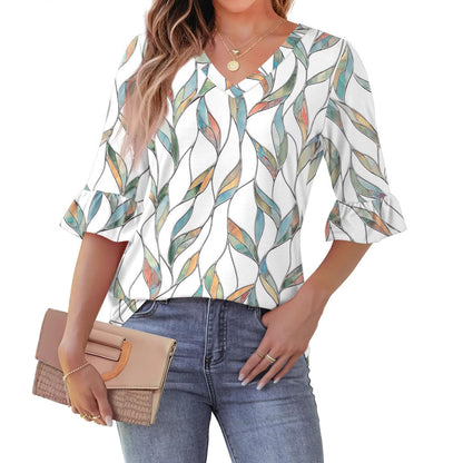 Printed Shirt V-neck Floral Flared Half Sleeve Top