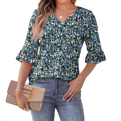 Printed Shirt V-neck Floral Flared Half Sleeve Top