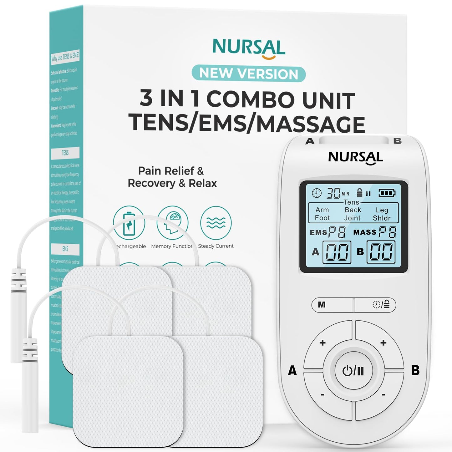 NURSAL 3-in-1 Tens Unit Muscle Stimulator Machine Dual Channel Electronic Pulse Massager Tens EMS Machine with 40 Intensities for Gradual Pain Relief Therapy