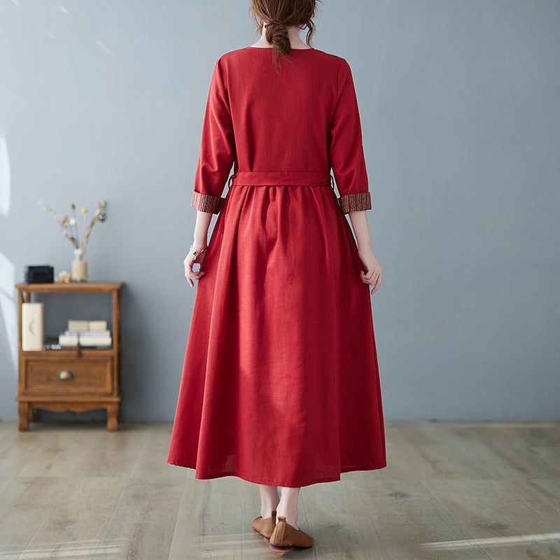 Long Sleeve V-neck Stitching Cotton And Linen Plus Size Slimming Dress Women