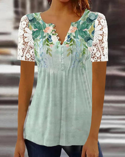 Women's Lace Lace Sleeve Pleated Solid Color Printing Button Short Sleeve